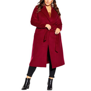 City Chic So Sleek Red Single Breasted Wrap Longline Coat 16 New Military Lapel